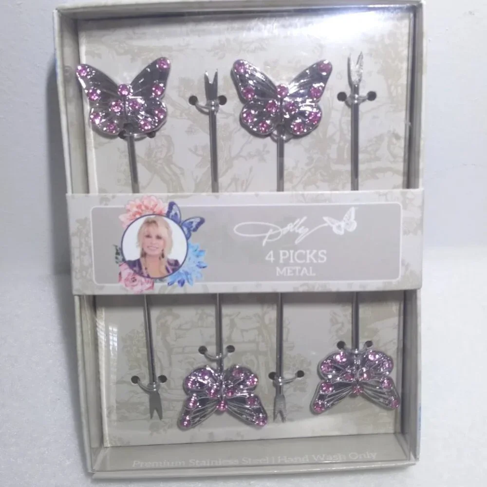 Dolly Parton 4 Appetizers Picks  Stainless Steel Butterfly New Box